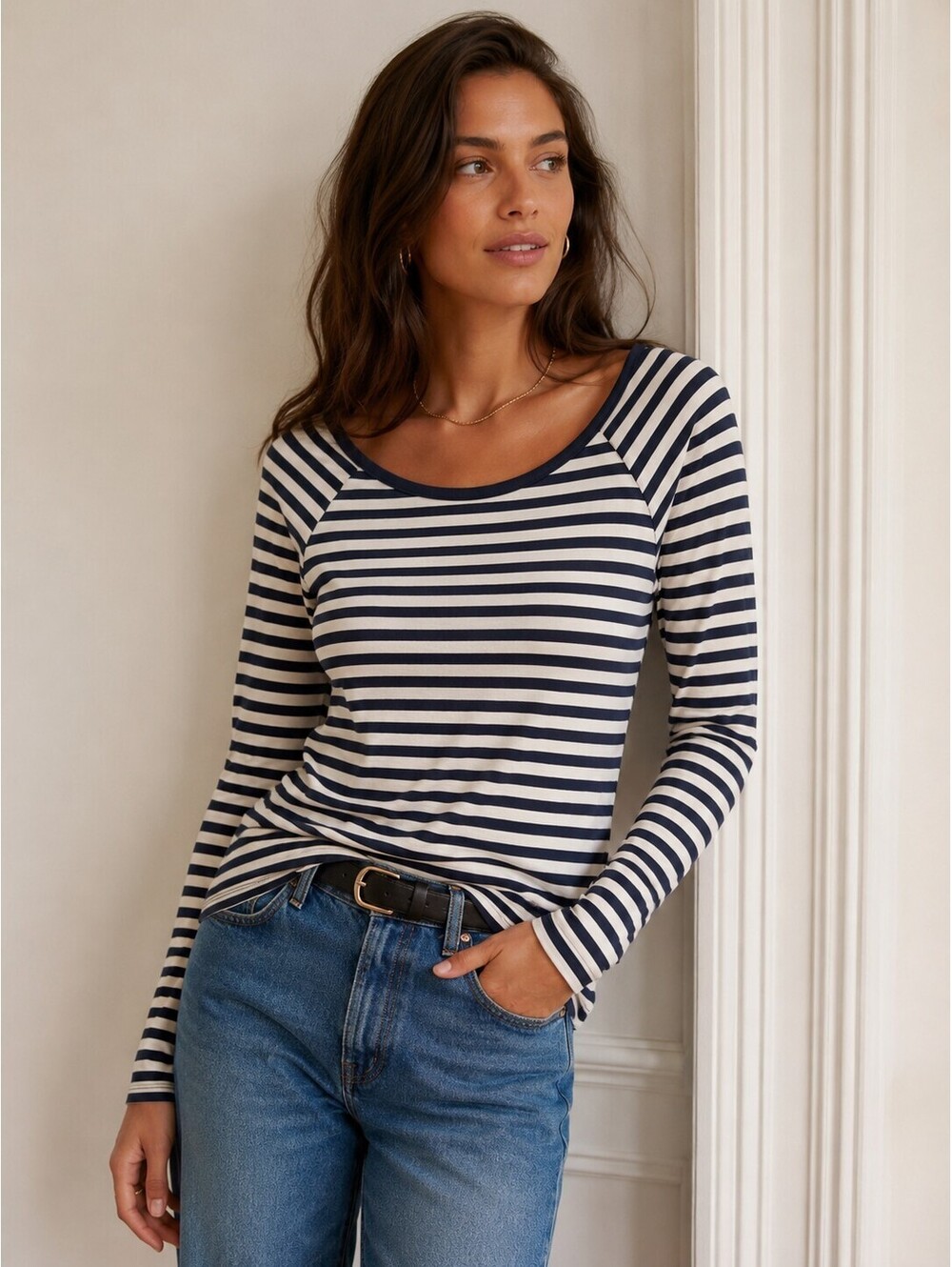 NATION LTD Danika Scoop Neck Tee Navy City Stripe Pima Cotton NWT - Picture 2 of 5